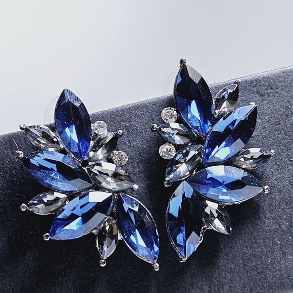 Retro Fancy Rhinestone Stud Earrings Woman's Drops Crystal Blue Clusters Dangle - Picture 5 of 8